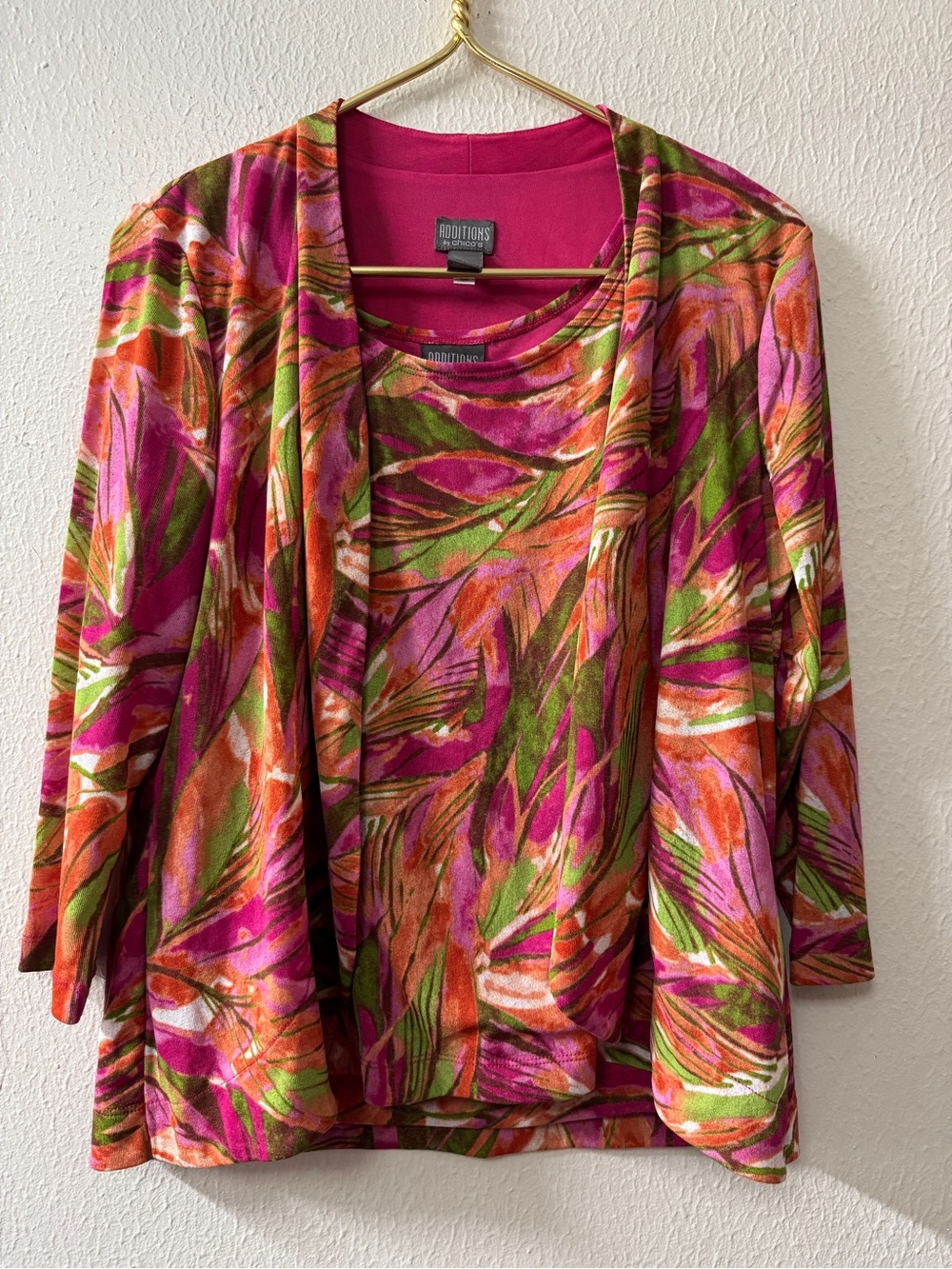 Additions By Chico's Pink, Orange & Green Printed Two-Piece Open Cardigan Set
